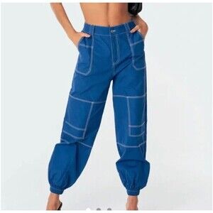 EDIKTED Royal Blue Cargo Pants‎ 100% Cotton Baggy Lightweight Juniors Size L New